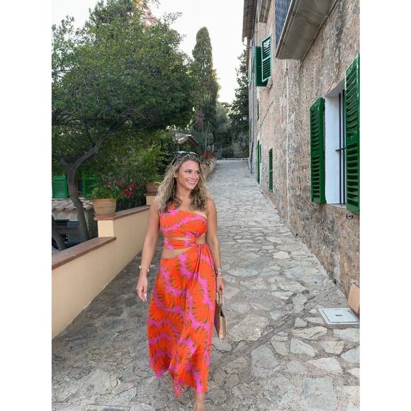 FARM RIO Orange Pink One Shoulder Ruched Waist Tie Copacabana A-Line Dress S - Picture 16 of 16